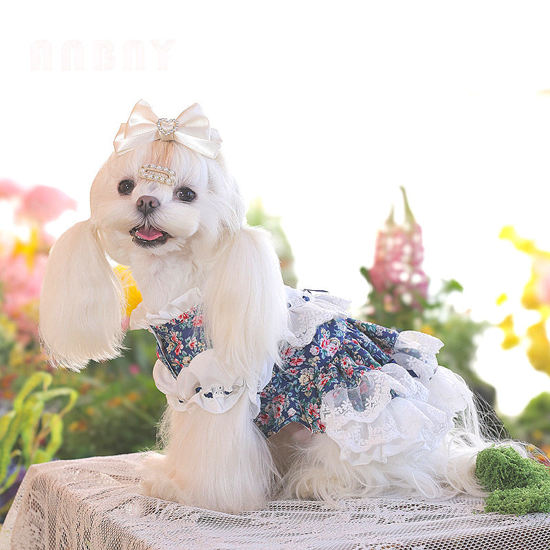 Florie Tea Party Dress – Elegant Floral Dog Princess Dress for Small Dogs in Yellow Print