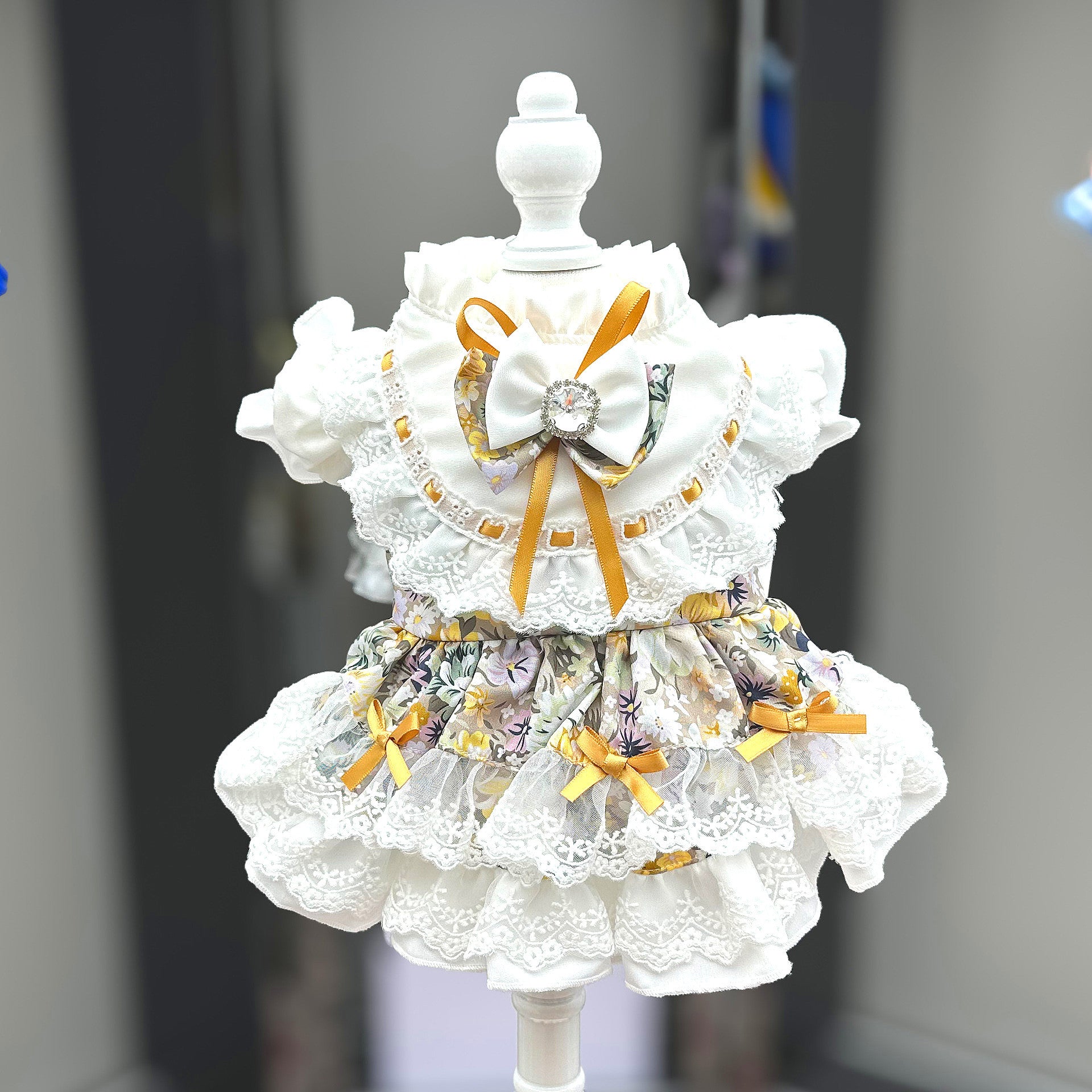 Florie Tea Party Dress – Elegant Floral Dog Princess Dress for Small Dogs in Yellow Print